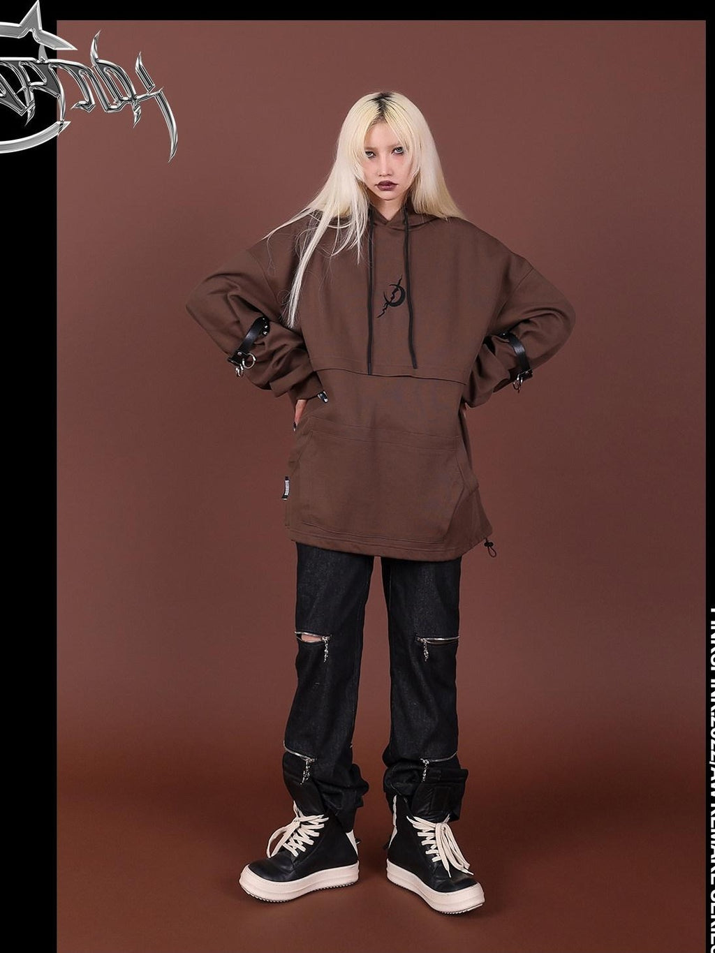 PINKSPINK Brown Embroidered Hooded Zip Convertible Women's Cotton Matching Skirt Sets