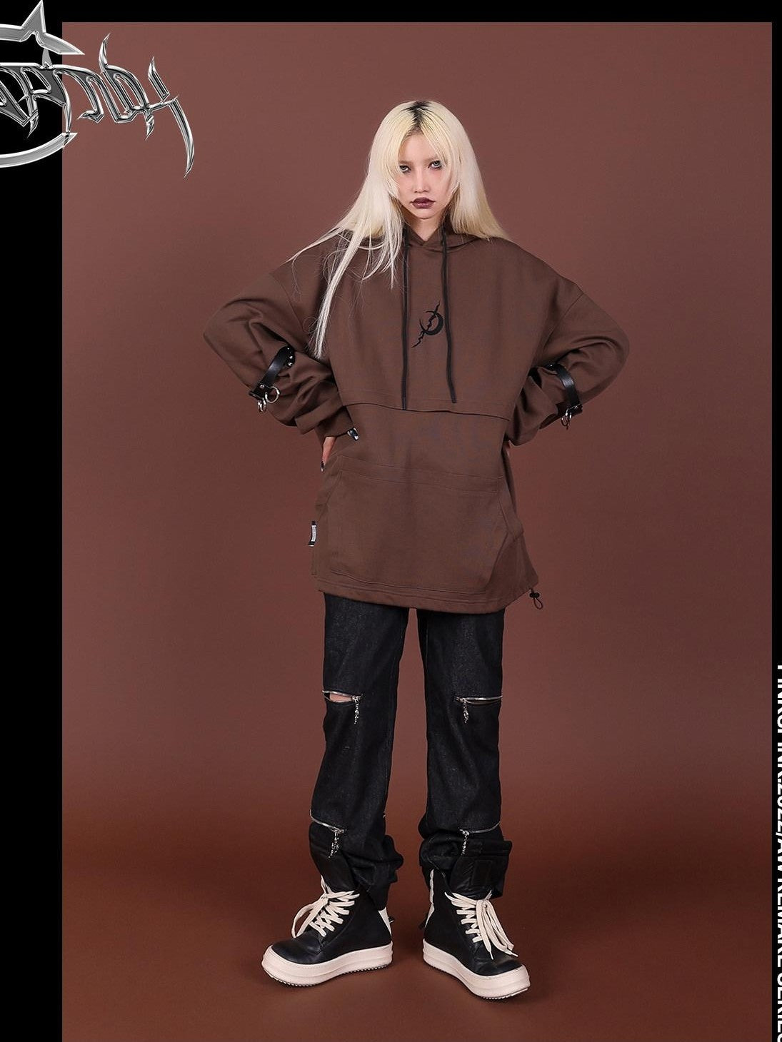 PINKSPINK Brown Embroidered Hooded Zip Convertible Women's Cotton Matching Skirt Sets