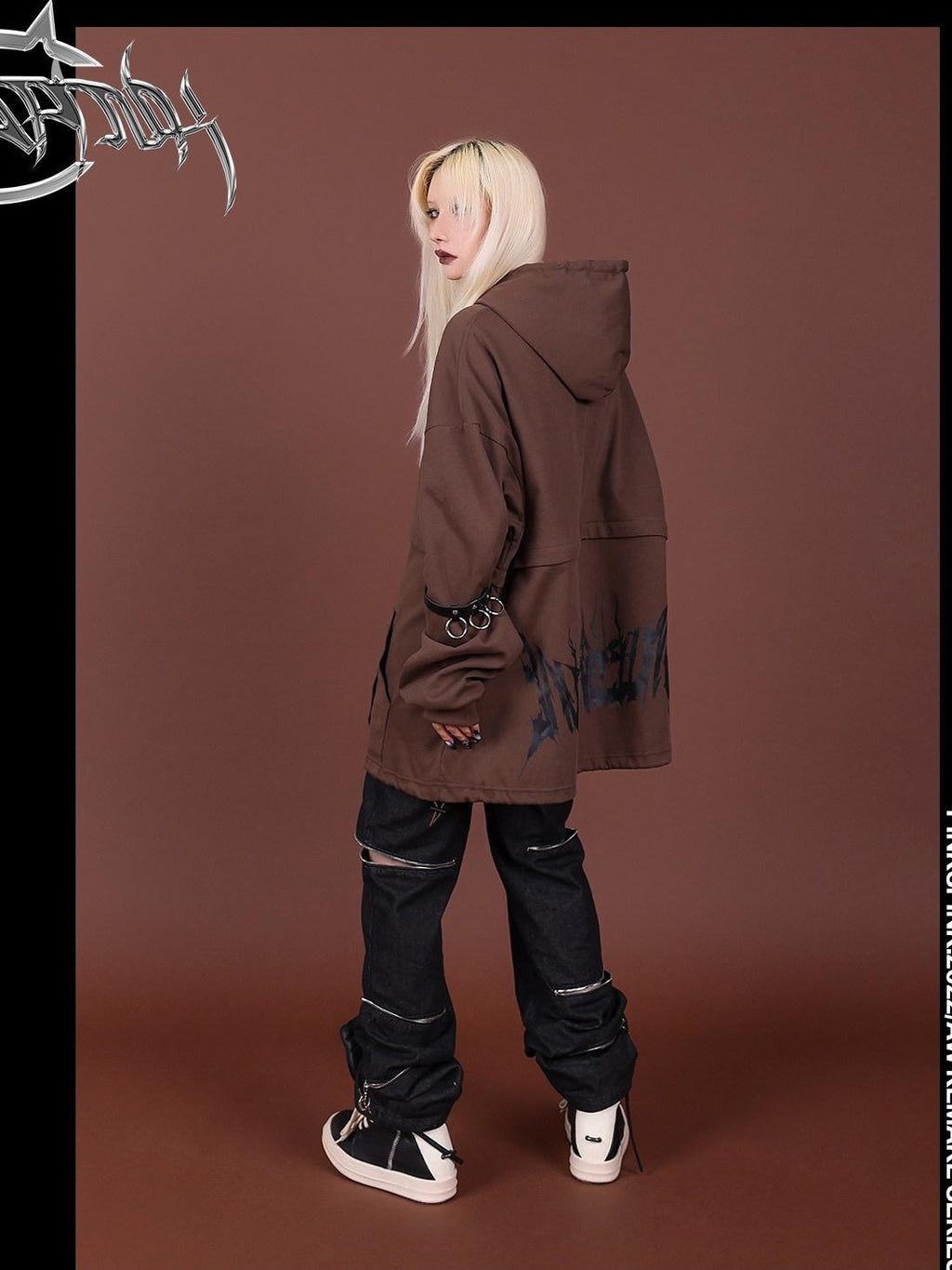 PINKSPINK Brown Embroidered Hooded Zip Convertible Women's Cotton Matching Skirt Sets