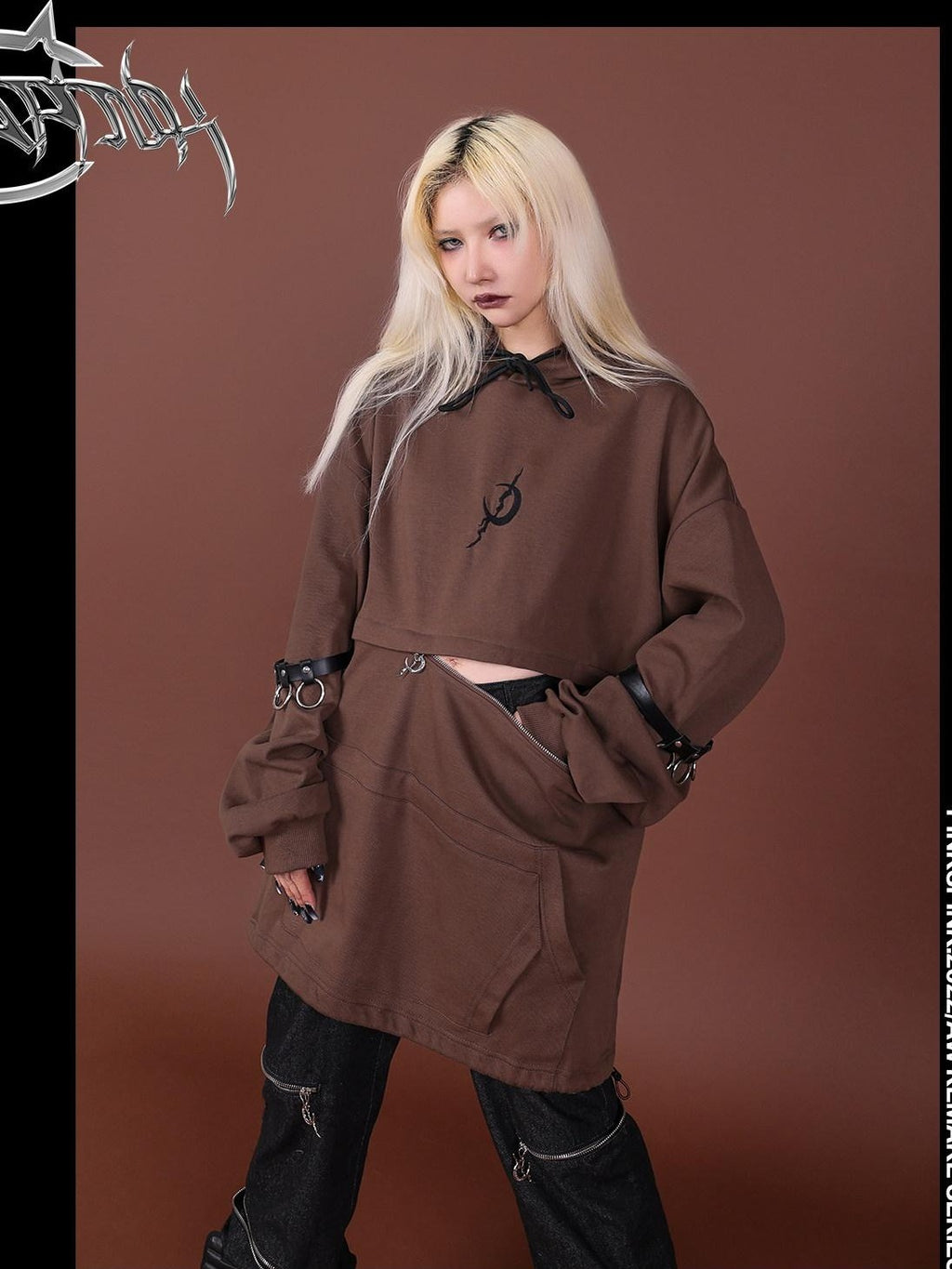 PINKSPINK Brown Embroidered Hooded Zip Convertible Women's Cotton Matching Skirt Sets