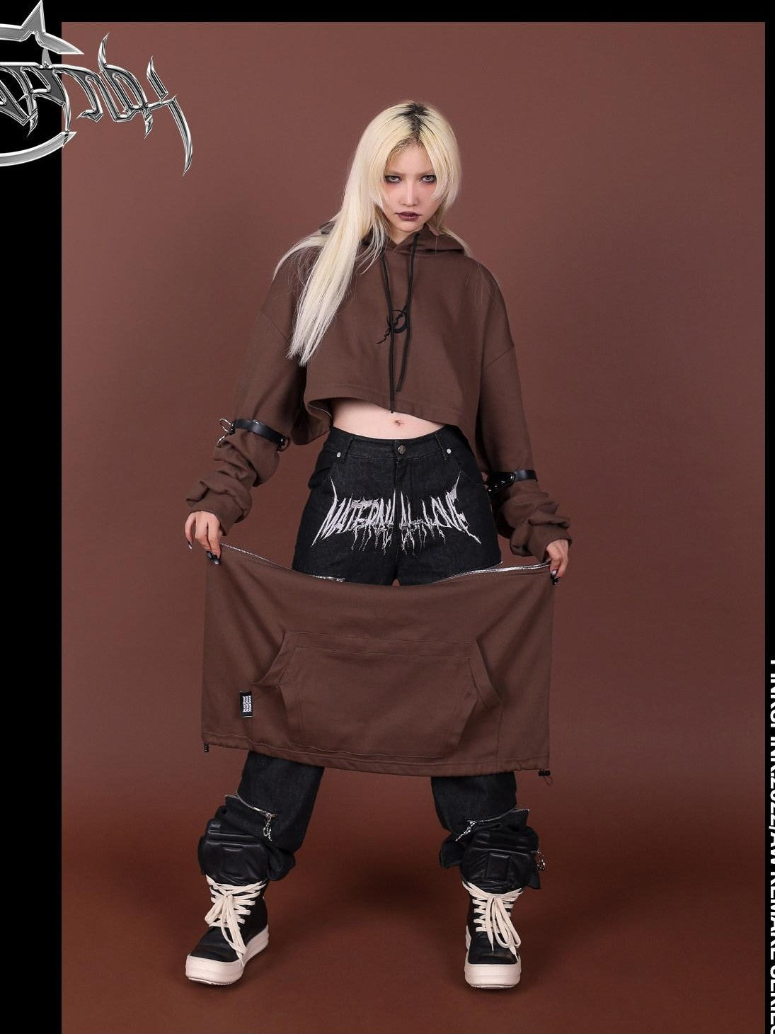PINKSPINK Brown Embroidered Hooded Zip Convertible Women's Cotton Matching Skirt Sets