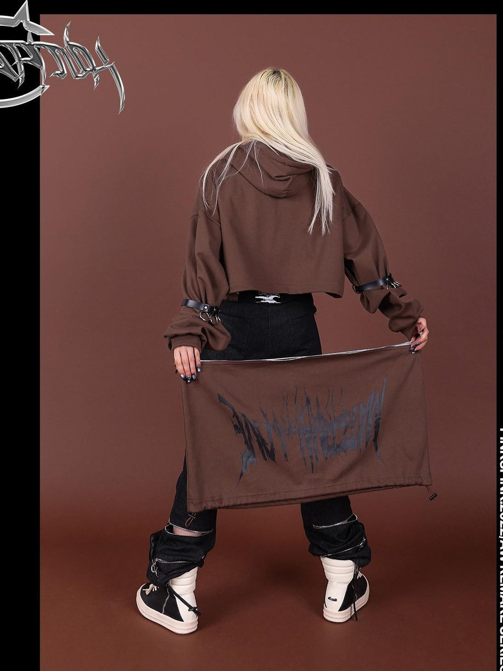 PINKSPINK Brown Embroidered Hooded Zip Convertible Women's Cotton Matching Skirt Sets