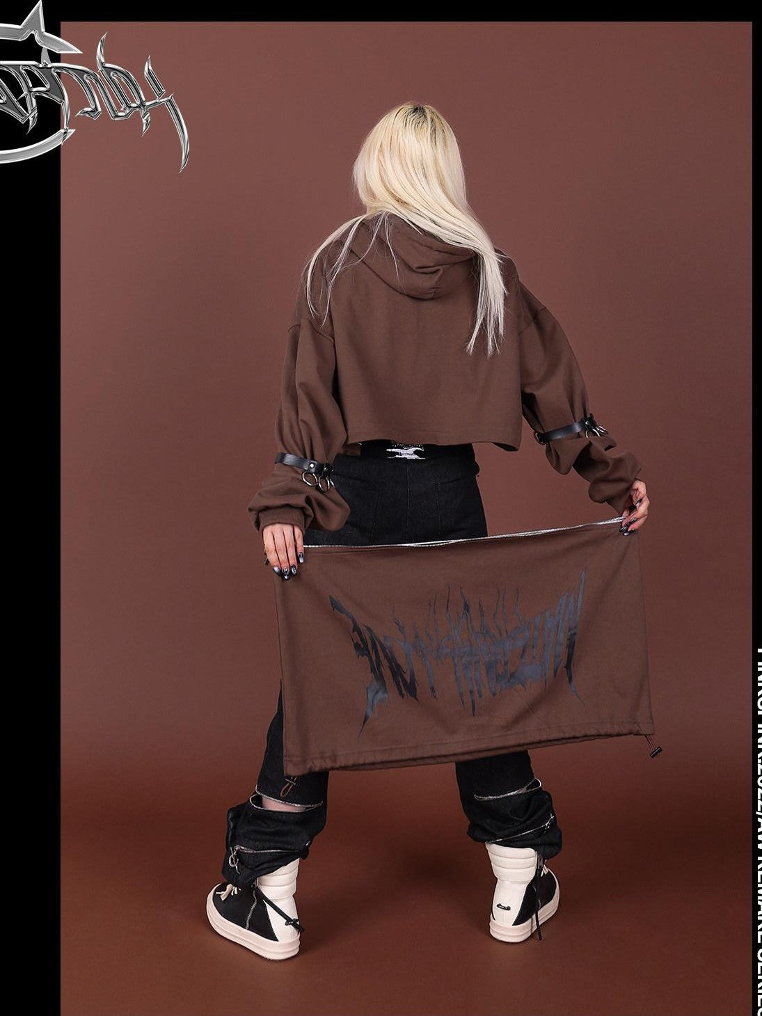 PINKSPINK Brown Embroidered Hooded Zip Convertible Women's Cotton Matching Skirt Sets