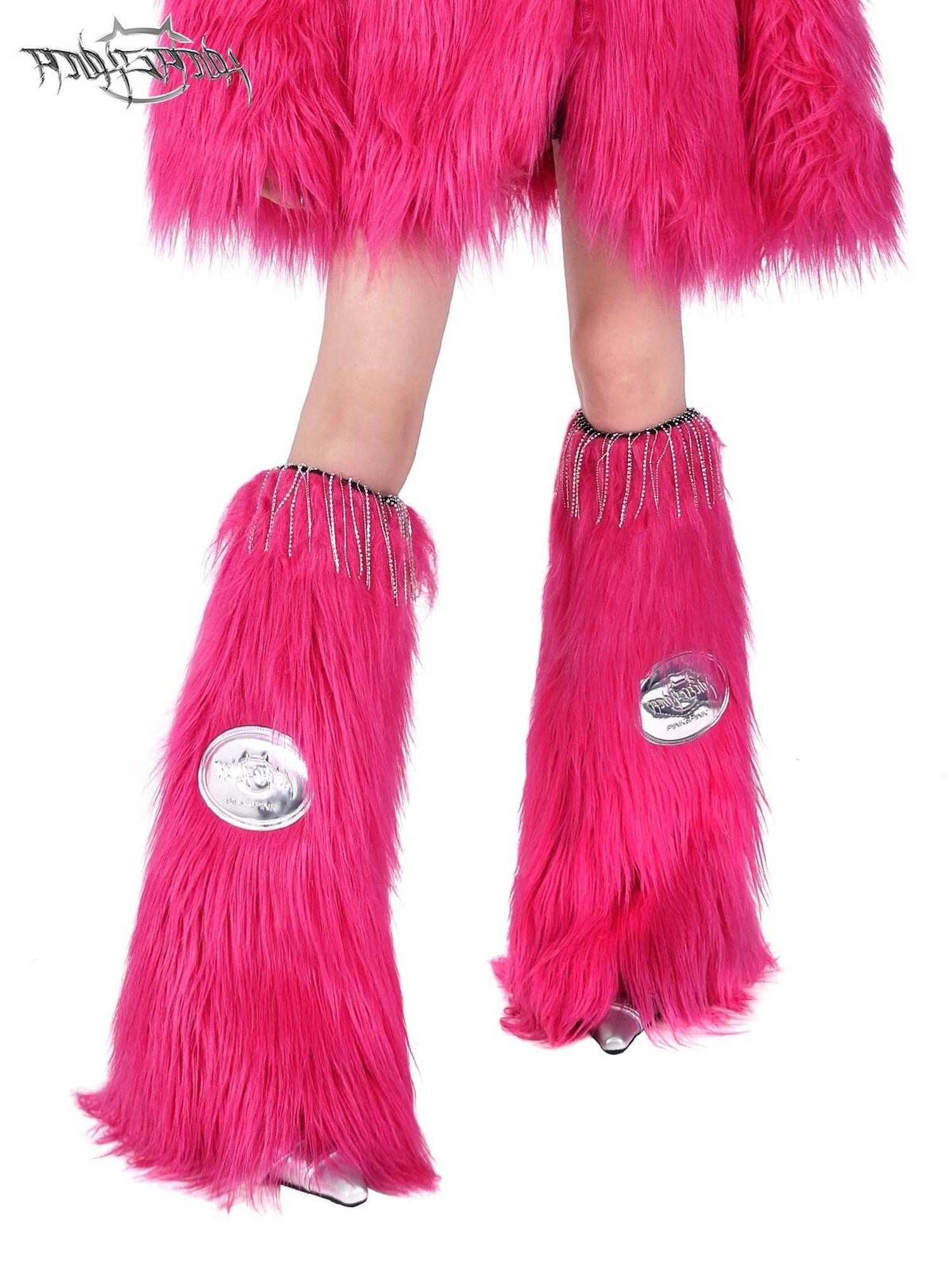 PINKSPINK Bubblegum Pink Rhinestone Fluffy Women's Faux Fur Leg Warmers