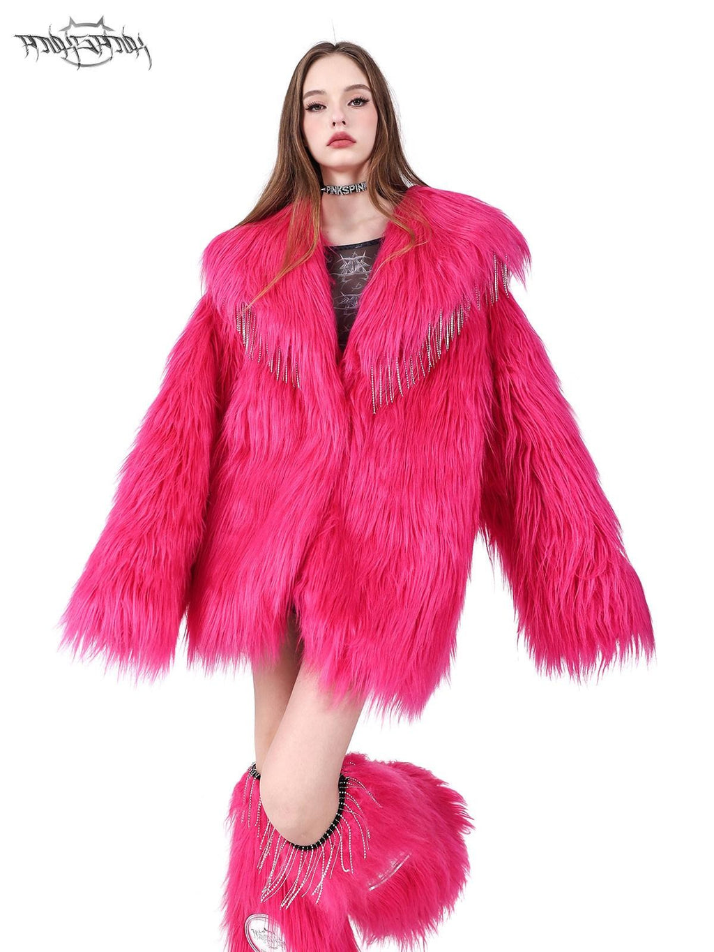 PINKSPINK Bubblegum Pink Rhinestone Fluffy Women's Faux Fur Leg Warmers