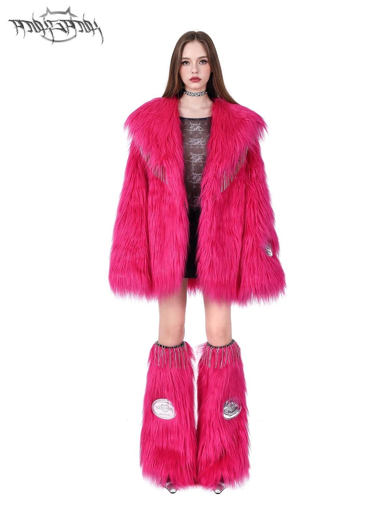 PINKSPINK Bubblegum Pink Rhinestone Fluffy Women's Faux Fur Leg Warmers