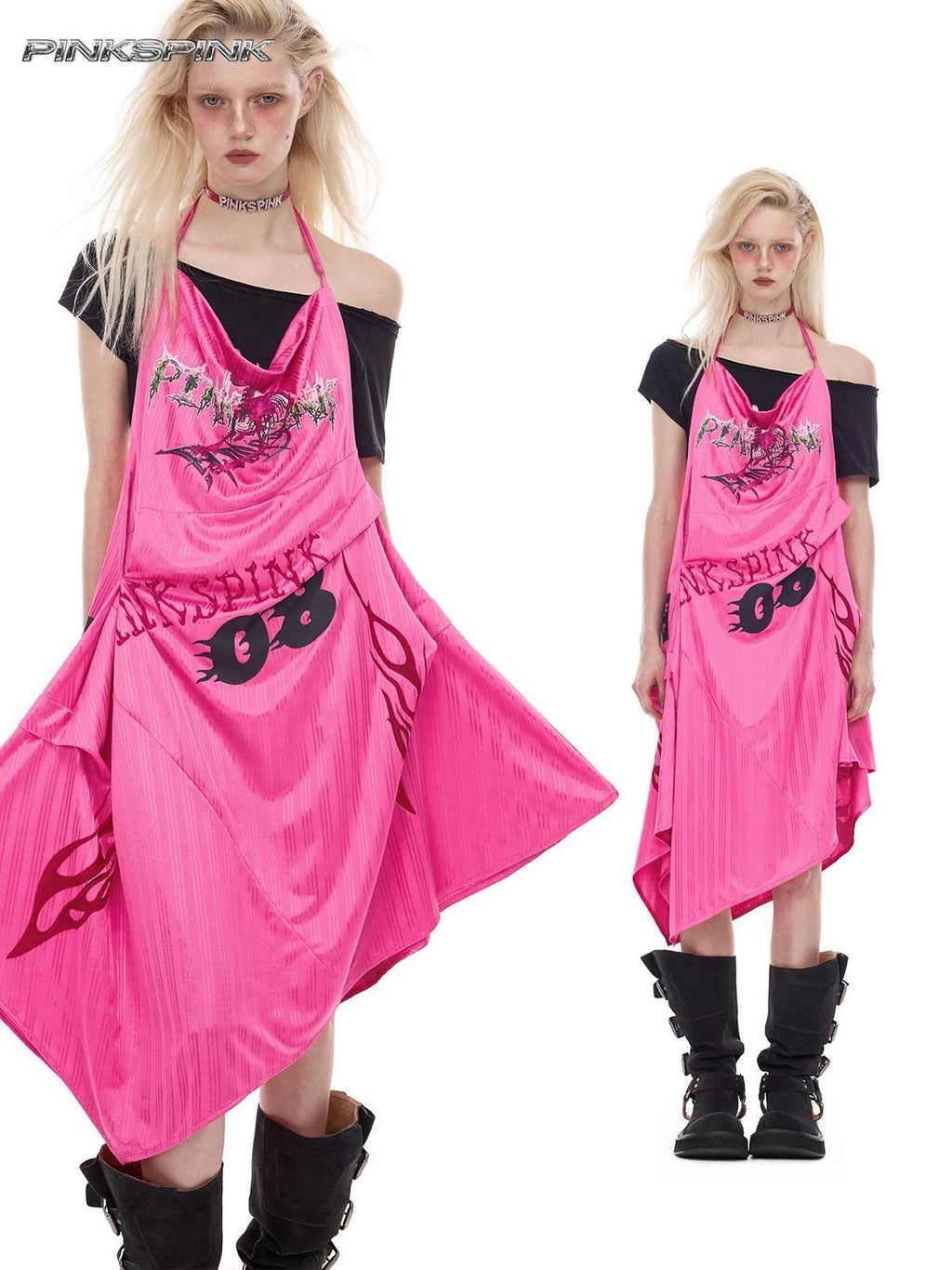 PINKSPINK Bubblegum Pink Sculpted Cut Letter Print Women's Cotton Slip Midi Dresses
