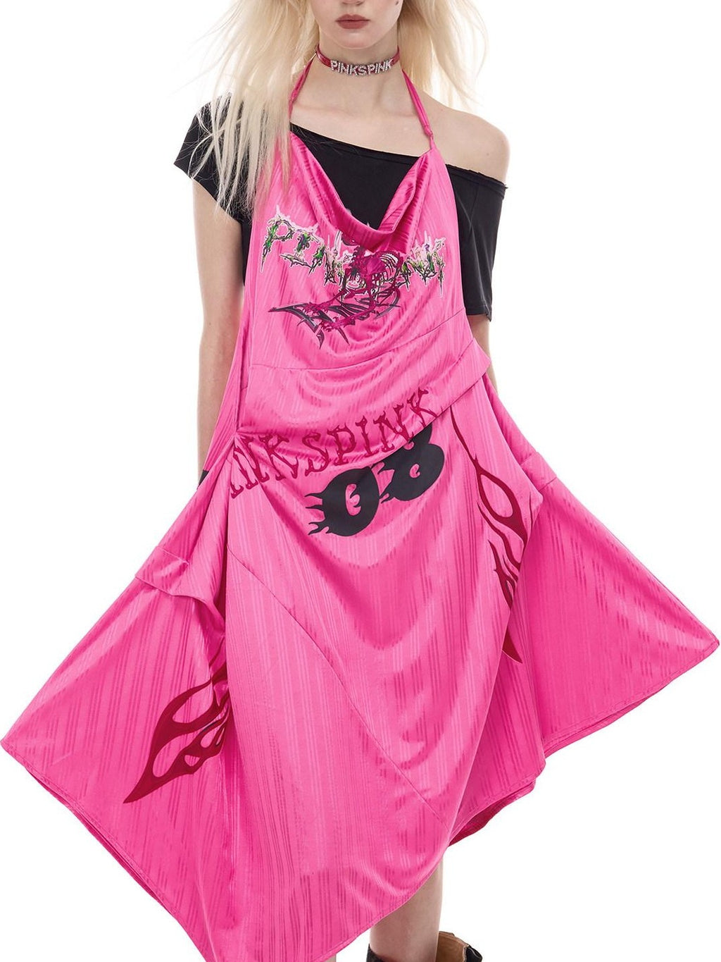 PINKSPINK Bubblegum Pink Sculpted Cut Letter Print Women's Cotton Slip Midi Dresses