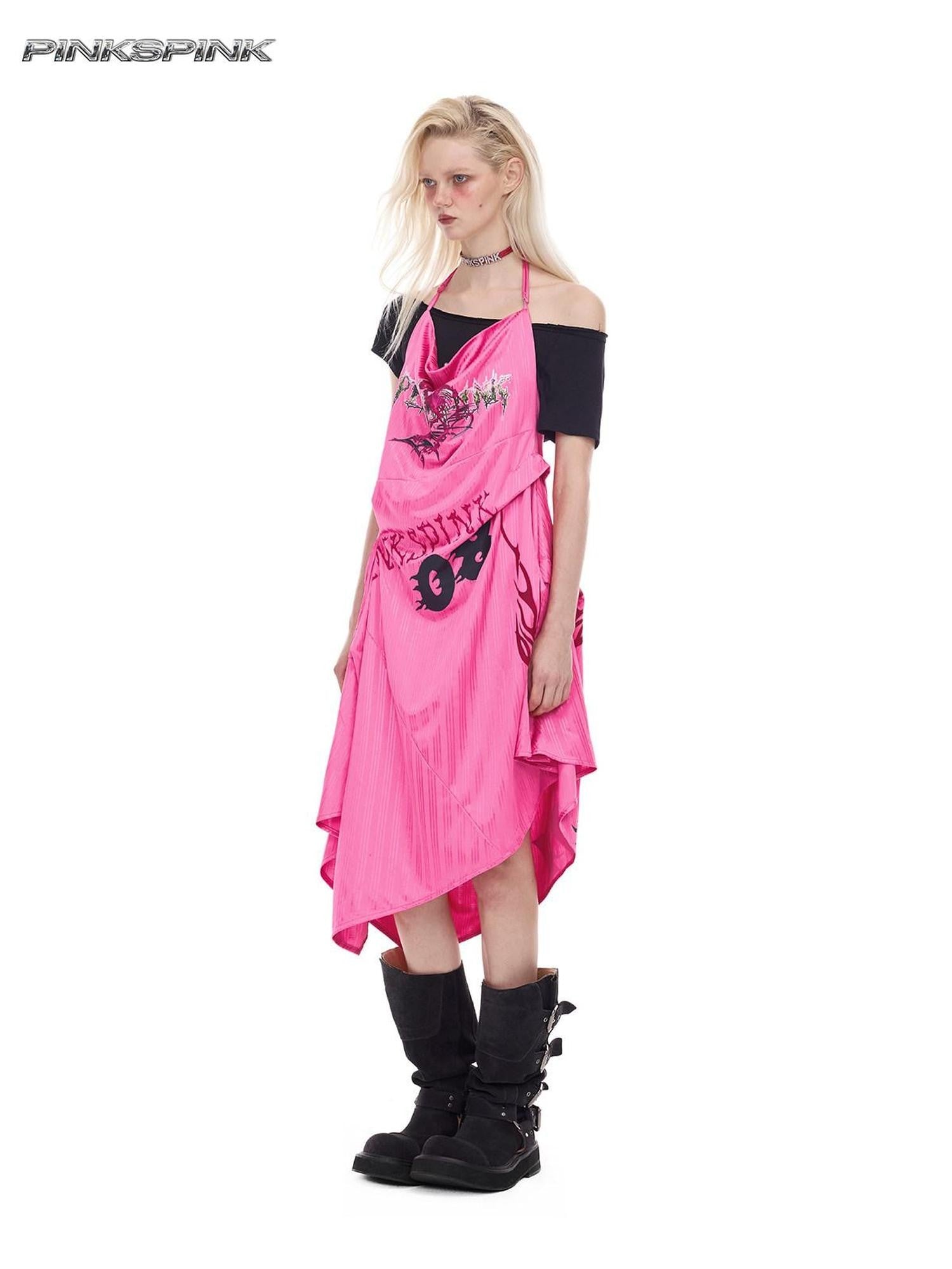 PINKSPINK Bubblegum Pink Sculpted Cut Letter Print Women's Cotton Slip Midi Dresses