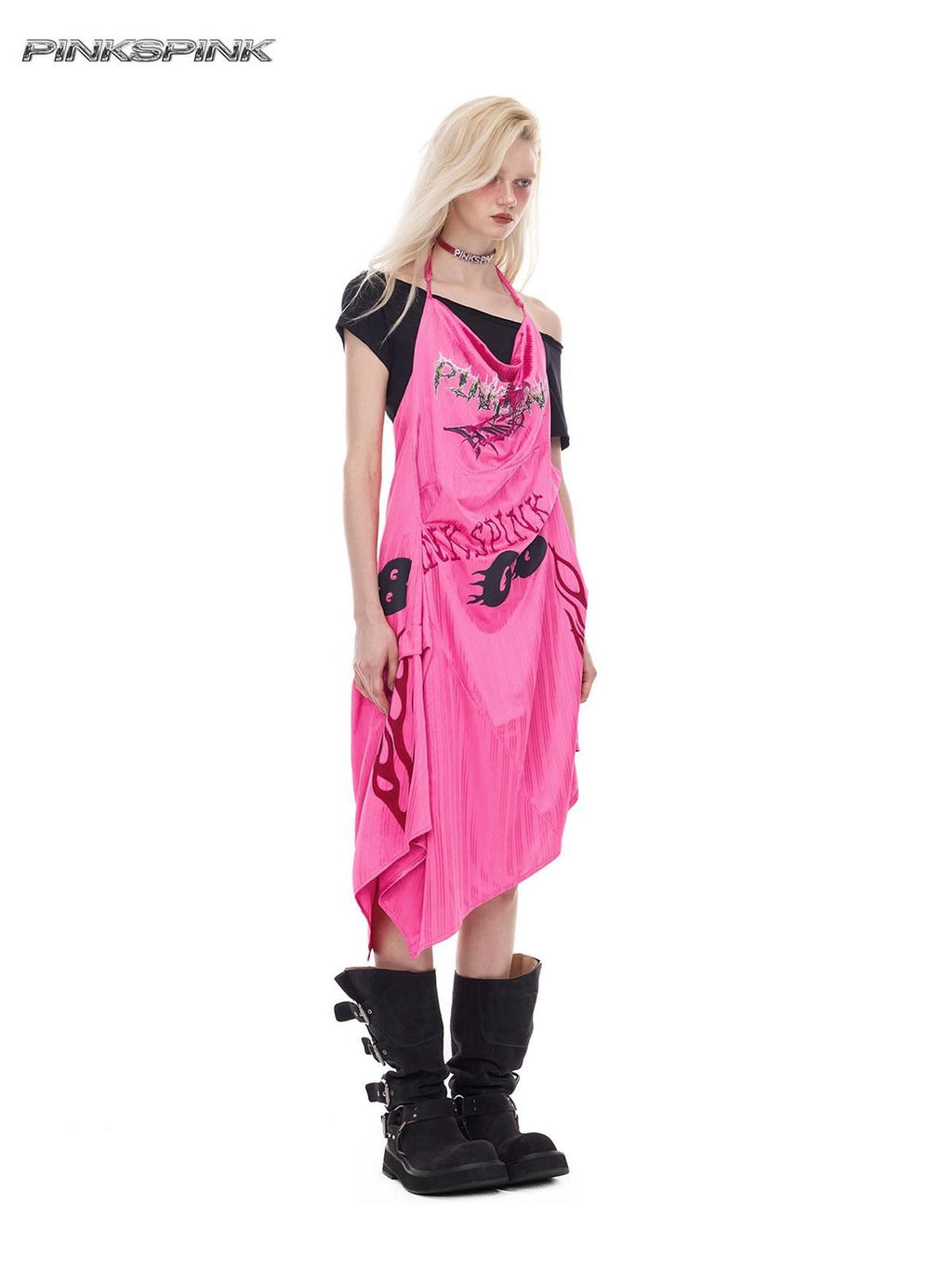 PINKSPINK Bubblegum Pink Sculpted Cut Letter Print Women's Cotton Slip Midi Dresses