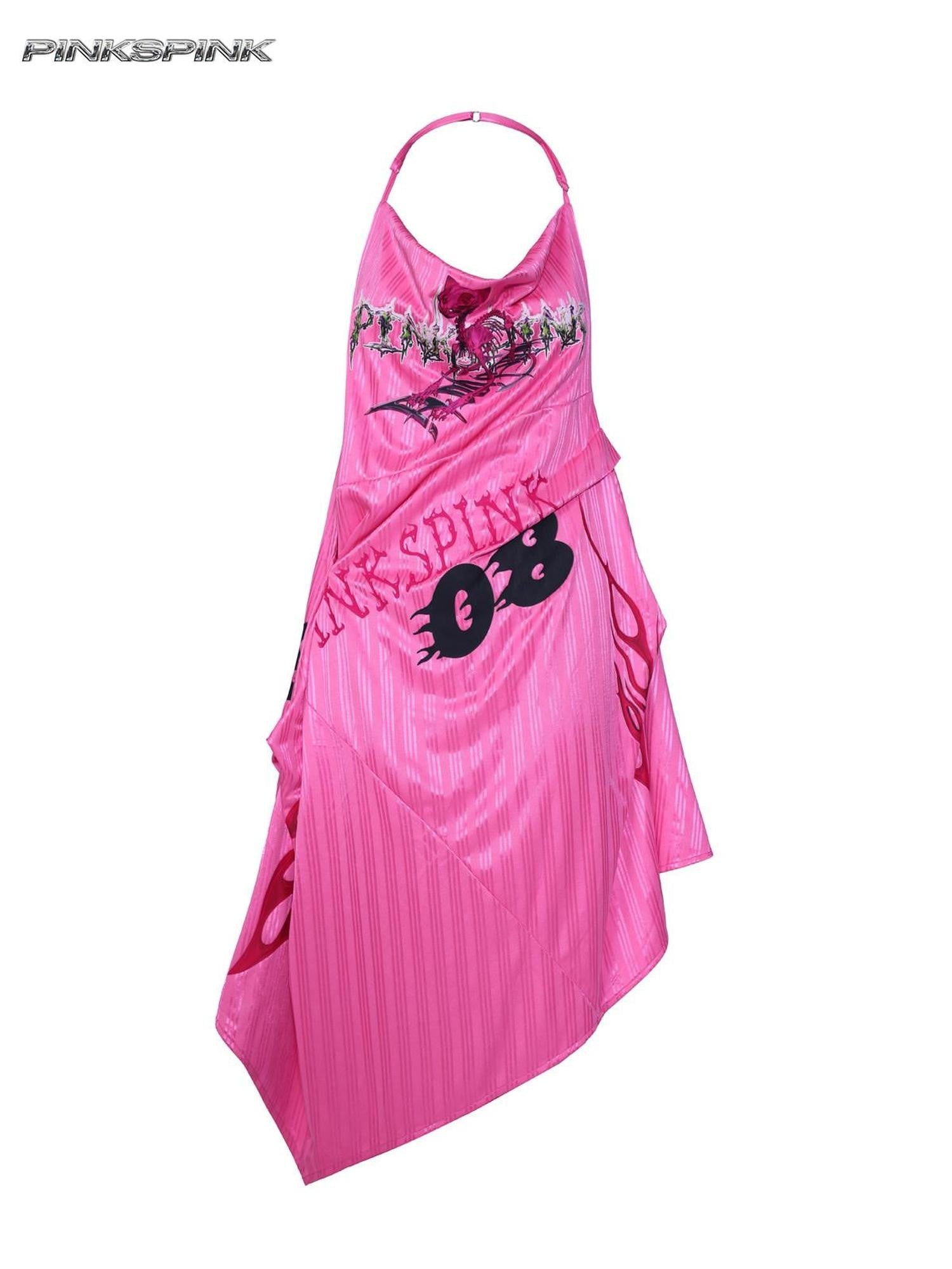 PINKSPINK Bubblegum Pink Sculpted Cut Letter Print Women's Cotton Slip Midi Dresses