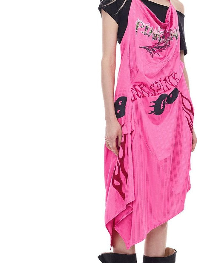 PINKSPINK Bubblegum Pink Sculpted Cut Letter Print Women's Cotton Slip Midi Dresses