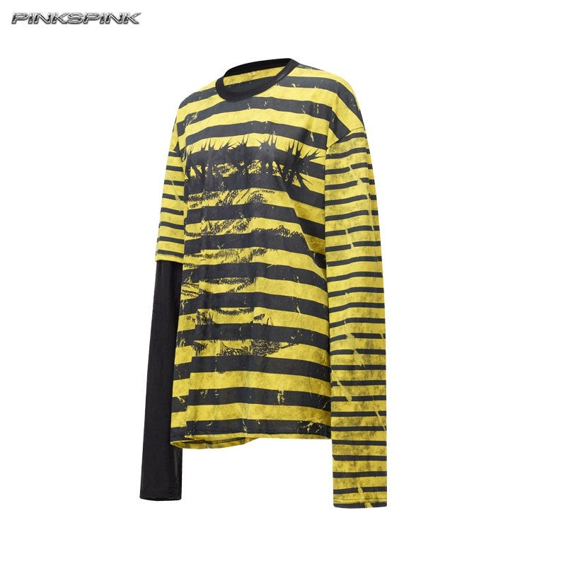 PINKSPINK_Burnout_Cutout_Striped_Patchwork_Punk_Raglan_Women's_Cotton_Long_Sleeve_T-shirts_1047653004193_MISSTT