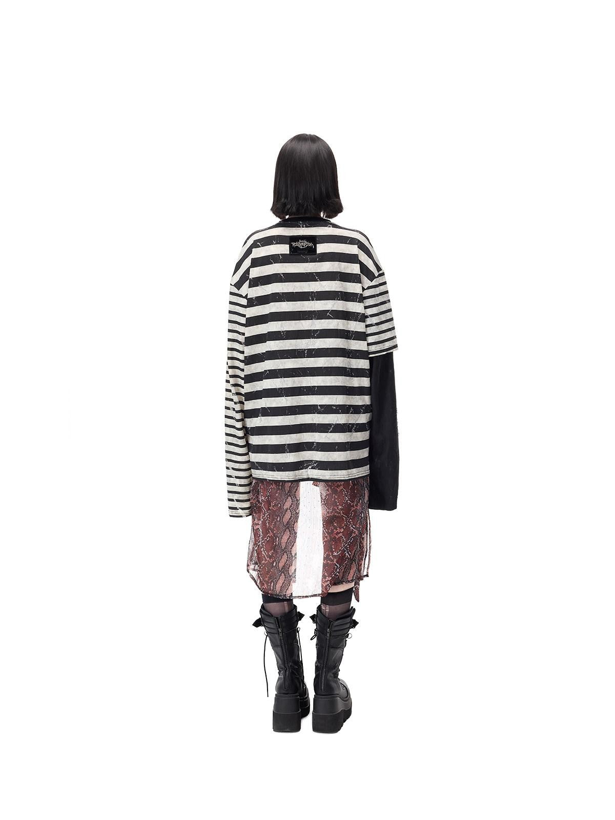 PINKSPINK Burnout Cutout Striped Patchwork Punk Raglan Women's Cotton Long Sleeve T-shirts