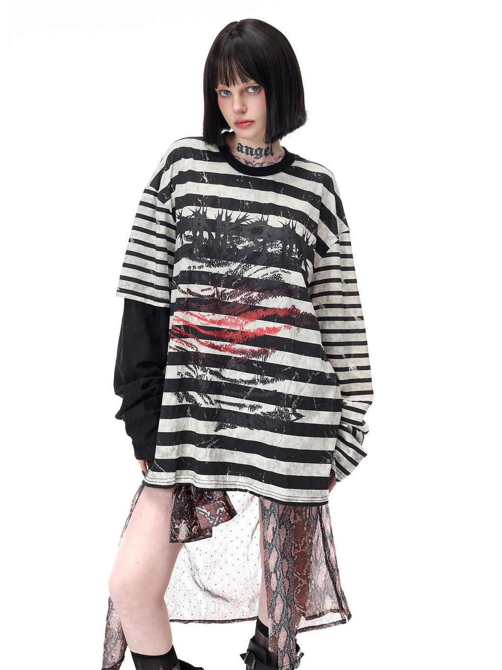 PINKSPINK Burnout Cutout Striped Patchwork Punk Raglan Women's Cotton Long Sleeve T-shirts