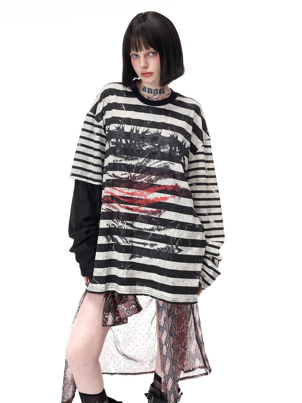 PINKSPINK Burnout Cutout Striped Patchwork Punk Raglan Women's Cotton Long Sleeve T-shirts