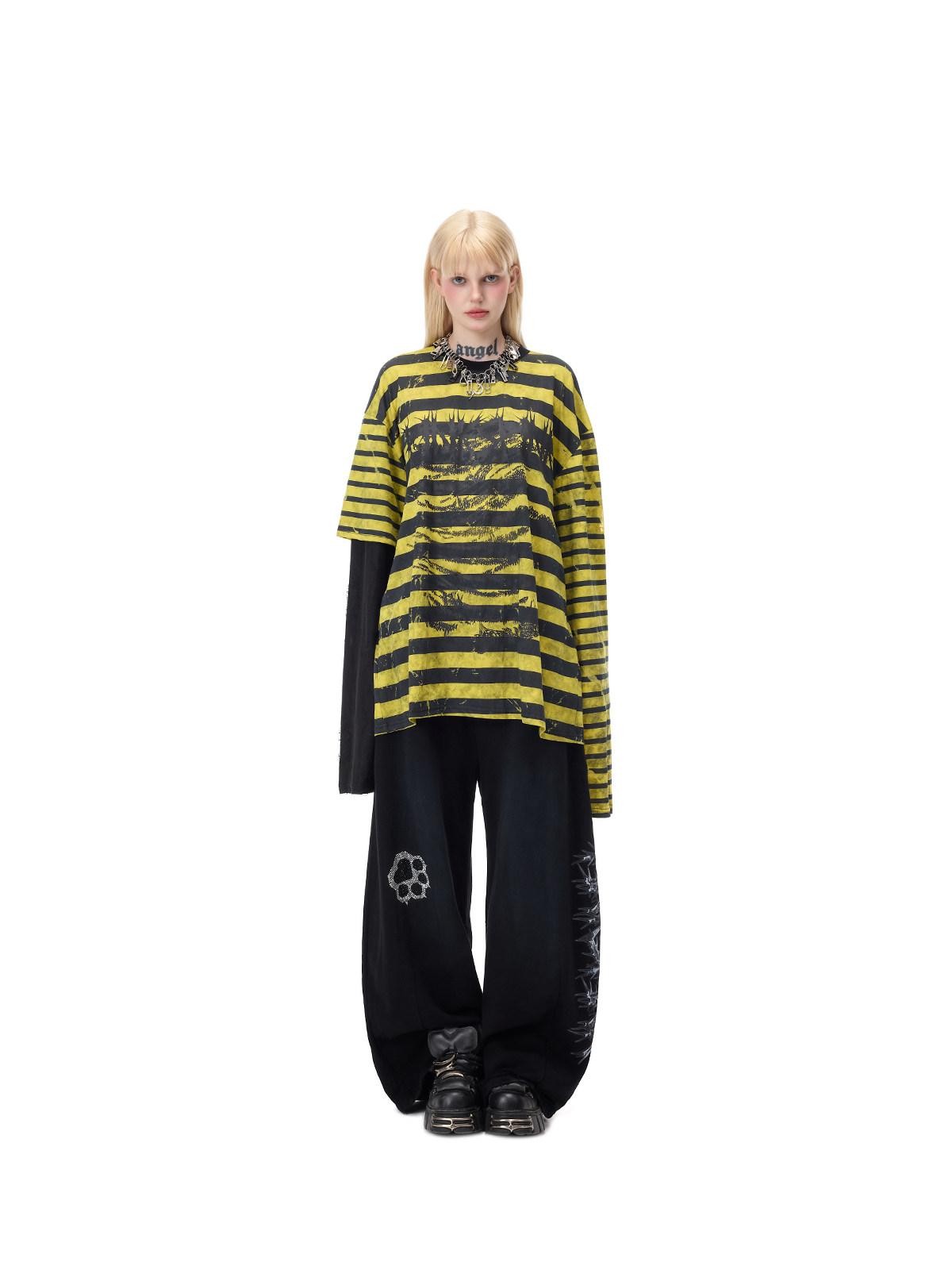 PINKSPINK Burnout Cutout Striped Patchwork Punk Raglan Women's Cotton Long Sleeve T-shirts