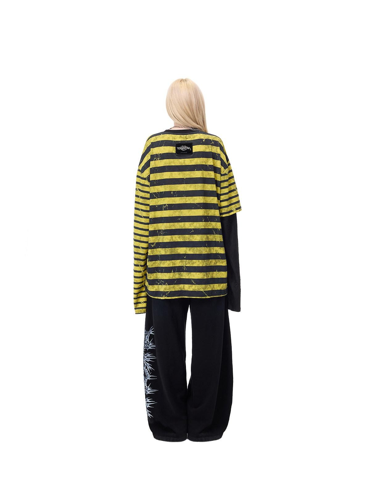PINKSPINK Burnout Cutout Striped Patchwork Punk Raglan Women's Cotton Long Sleeve T-shirts