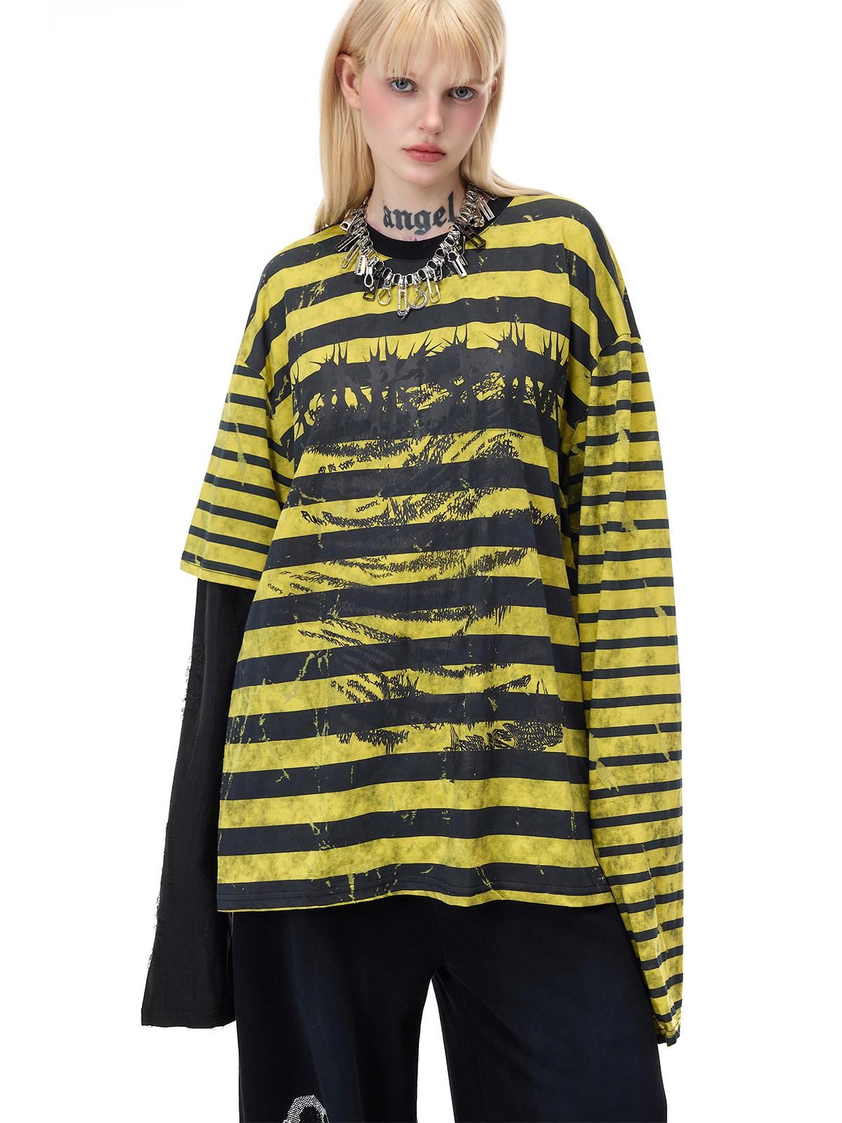 PINKSPINK Burnout Cutout Striped Patchwork Punk Raglan Women's Cotton Long Sleeve T-shirts
