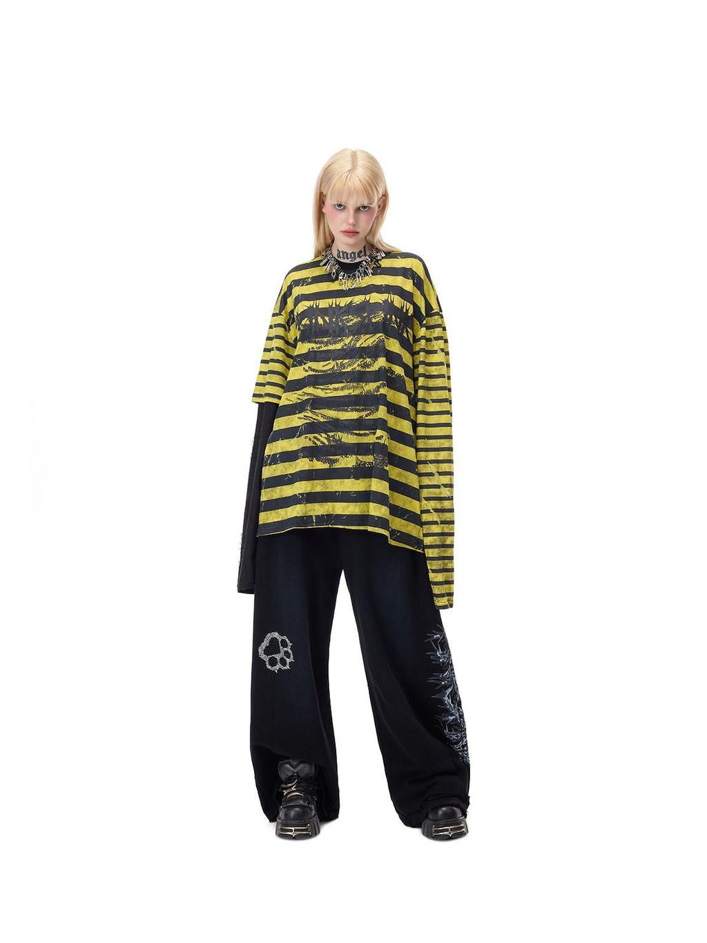 PINKSPINK Burnout Cutout Striped Patchwork Punk Raglan Women's Cotton Long Sleeve T-shirts