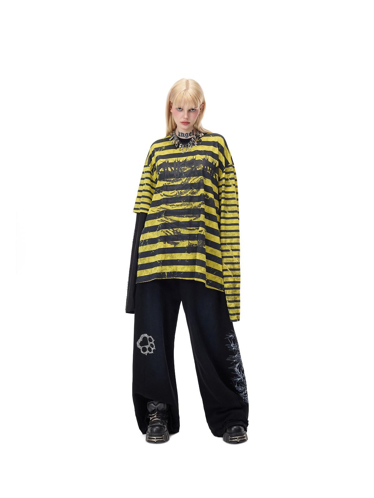 PINKSPINK Burnout Cutout Striped Patchwork Punk Raglan Women's Cotton Long Sleeve T-shirts