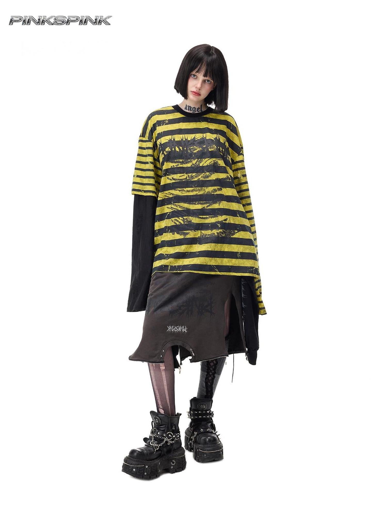 PINKSPINK Burnout Cutout Striped Patchwork Punk Raglan Women's Cotton Long Sleeve T-shirts