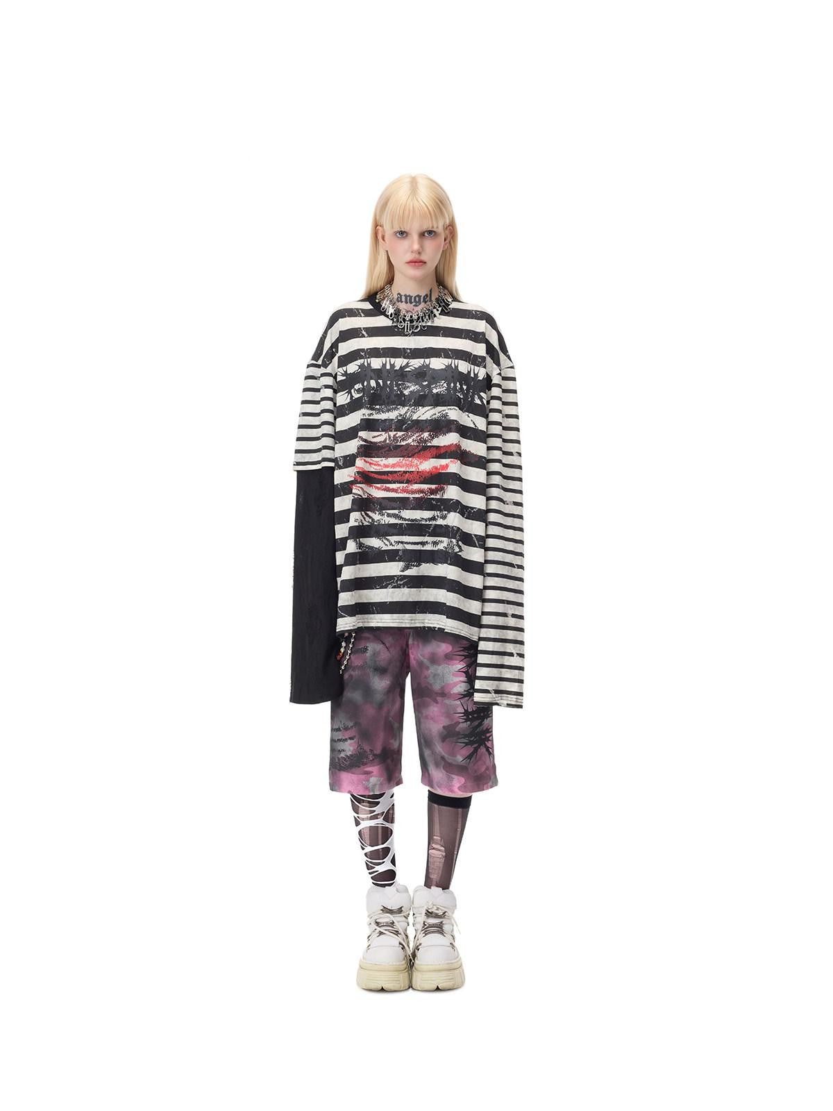 PINKSPINK Burnout Cutout Striped Patchwork Punk Raglan Women's Cotton Long Sleeve T-shirts