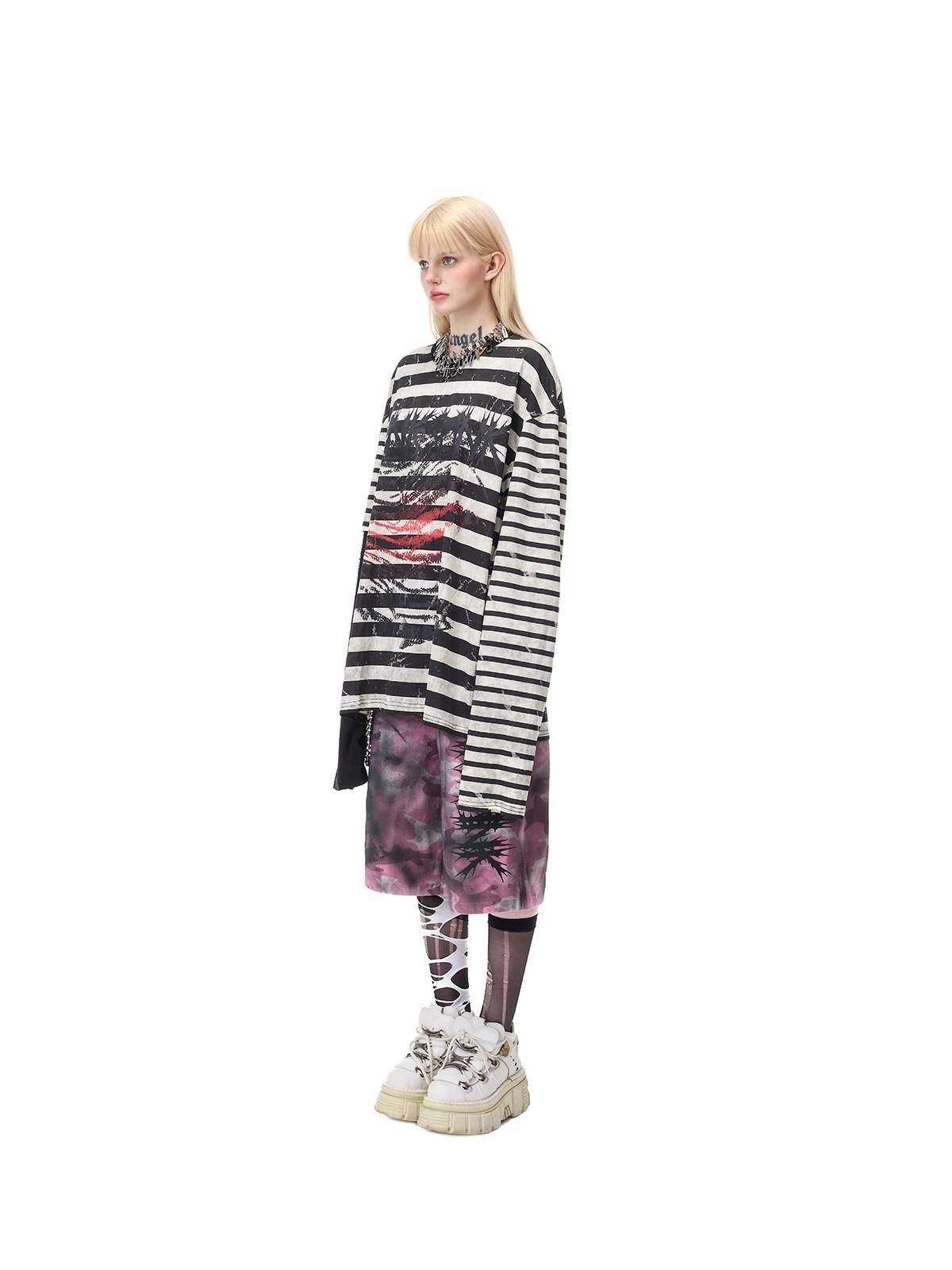 PINKSPINK Burnout Cutout Striped Patchwork Punk Raglan Women's Cotton Long Sleeve T-shirts