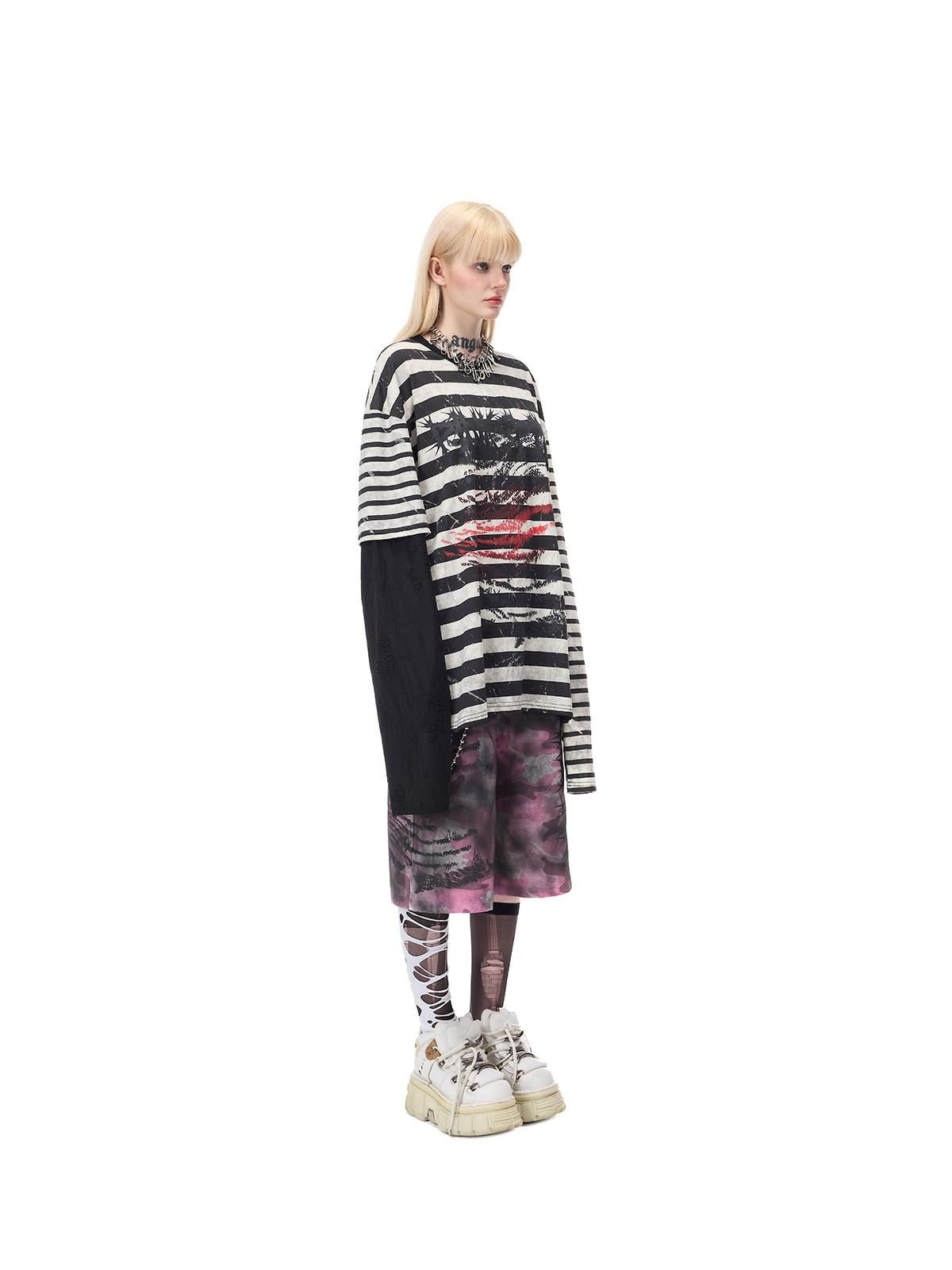 PINKSPINK Burnout Cutout Striped Patchwork Punk Raglan Women's Cotton Long Sleeve T-shirts