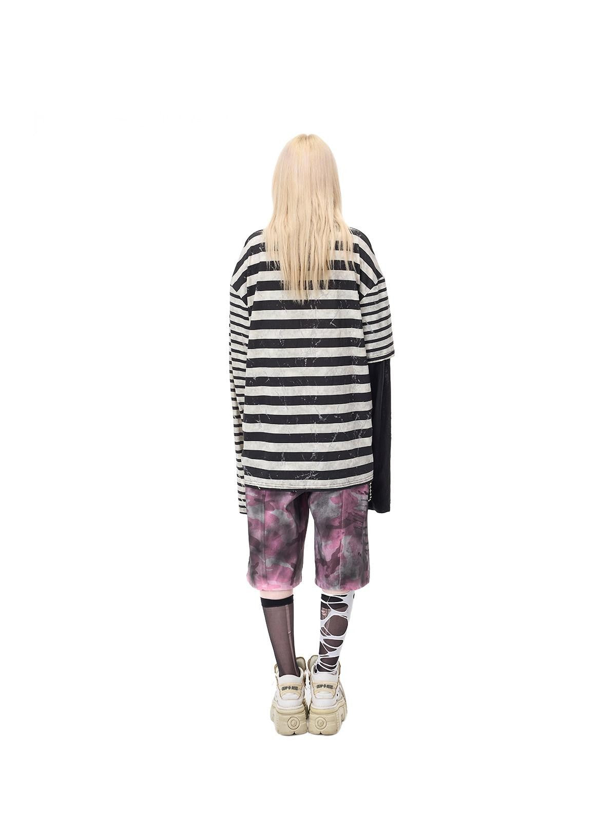 PINKSPINK Burnout Cutout Striped Patchwork Punk Raglan Women's Cotton Long Sleeve T-shirts