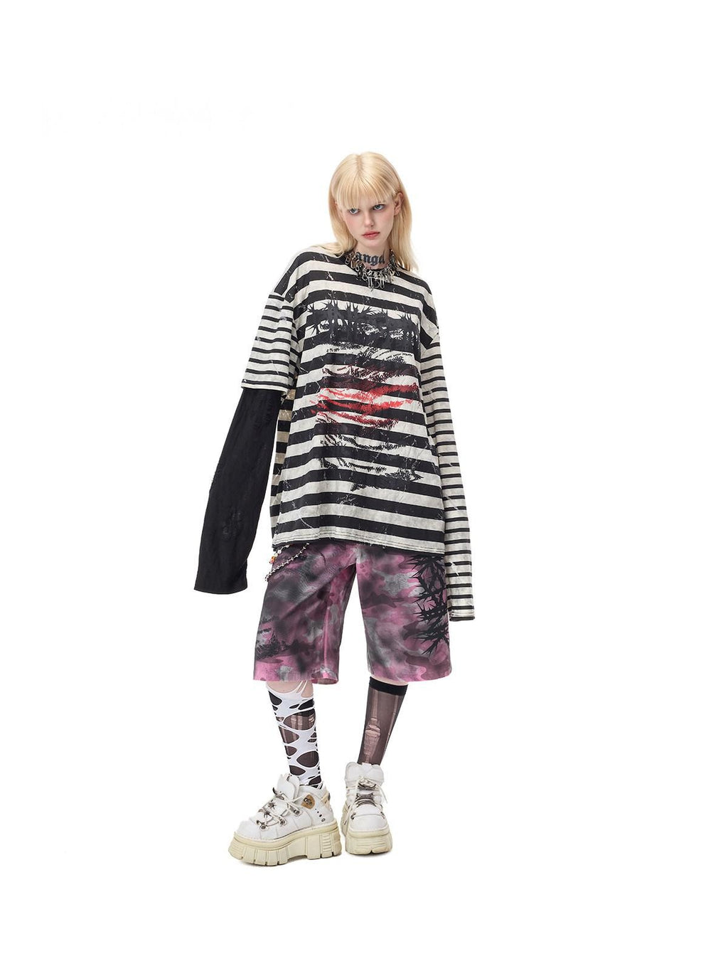 PINKSPINK Burnout Cutout Striped Patchwork Punk Raglan Women's Cotton Long Sleeve T-shirts
