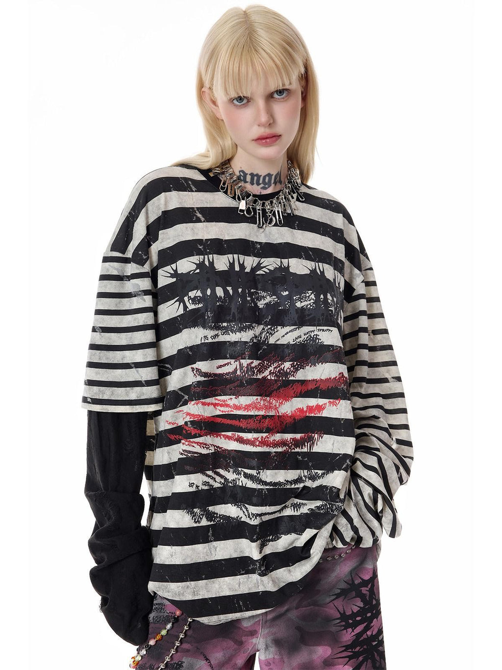 PINKSPINK Burnout Cutout Striped Patchwork Punk Raglan Women's Cotton Long Sleeve T-shirts
