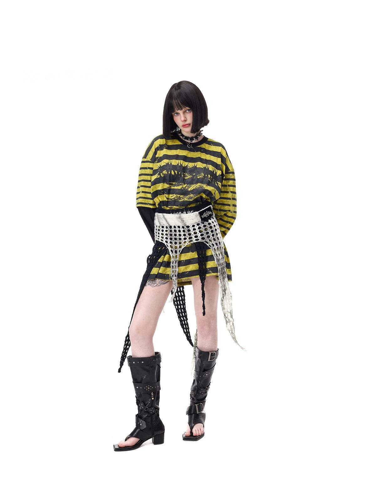 PINKSPINK Burnout Cutout Striped Patchwork Punk Raglan Women's Cotton Long Sleeve T-shirts