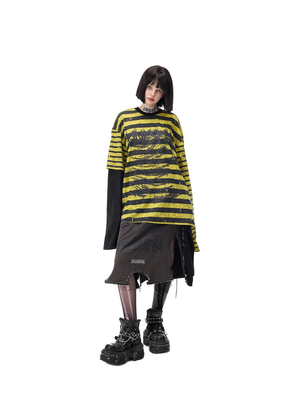 PINKSPINK Burnout Cutout Striped Patchwork Punk Raglan Women's Cotton Long Sleeve T-shirts