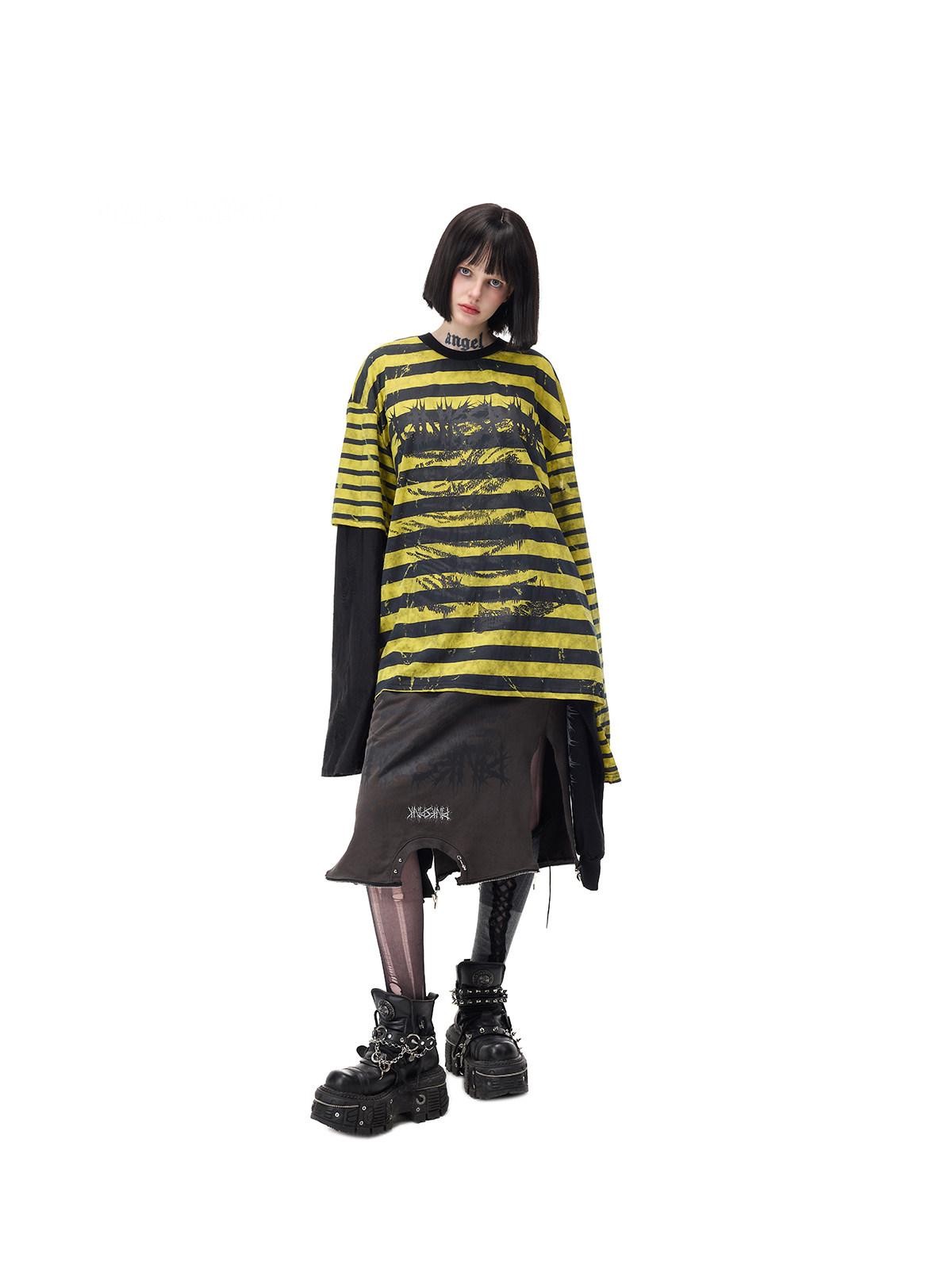 PINKSPINK Burnout Cutout Striped Patchwork Punk Raglan Women's Cotton Long Sleeve T-shirts