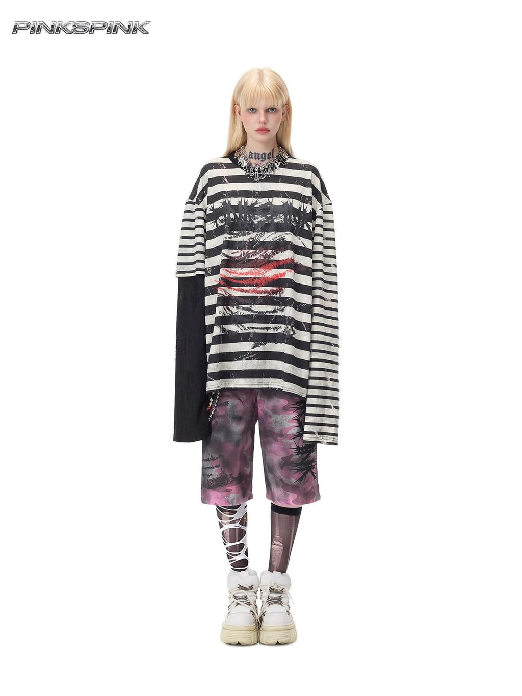 PINKSPINK Burnout Cutout Striped Patchwork Punk Raglan Women's Cotton Long Sleeve T-shirts