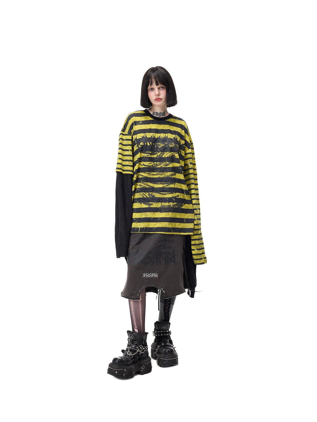 PINKSPINK Burnout Cutout Striped Patchwork Punk Raglan Women's Cotton Long Sleeve T-shirts