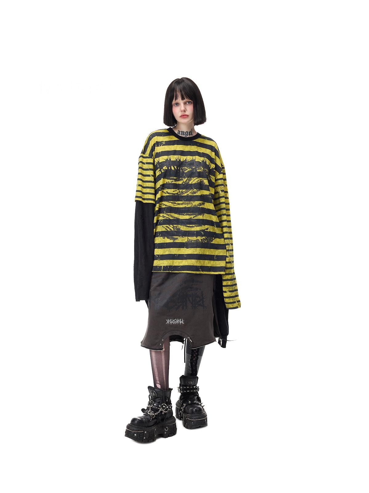PINKSPINK Burnout Cutout Striped Patchwork Punk Raglan Women's Cotton Long Sleeve T-shirts