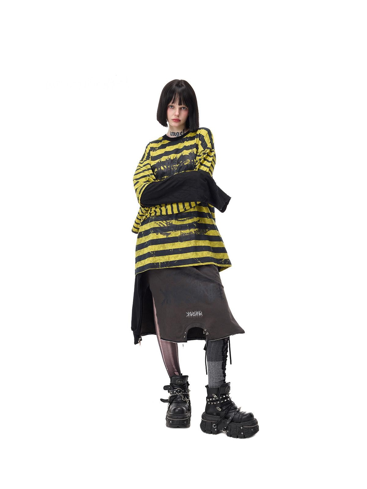 PINKSPINK Burnout Cutout Striped Patchwork Punk Raglan Women's Cotton Long Sleeve T-shirts