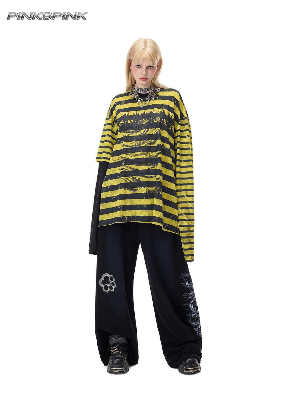 PINKSPINK Burnout Cutout Striped Patchwork Punk Raglan Women's Cotton Long Sleeve T-shirts