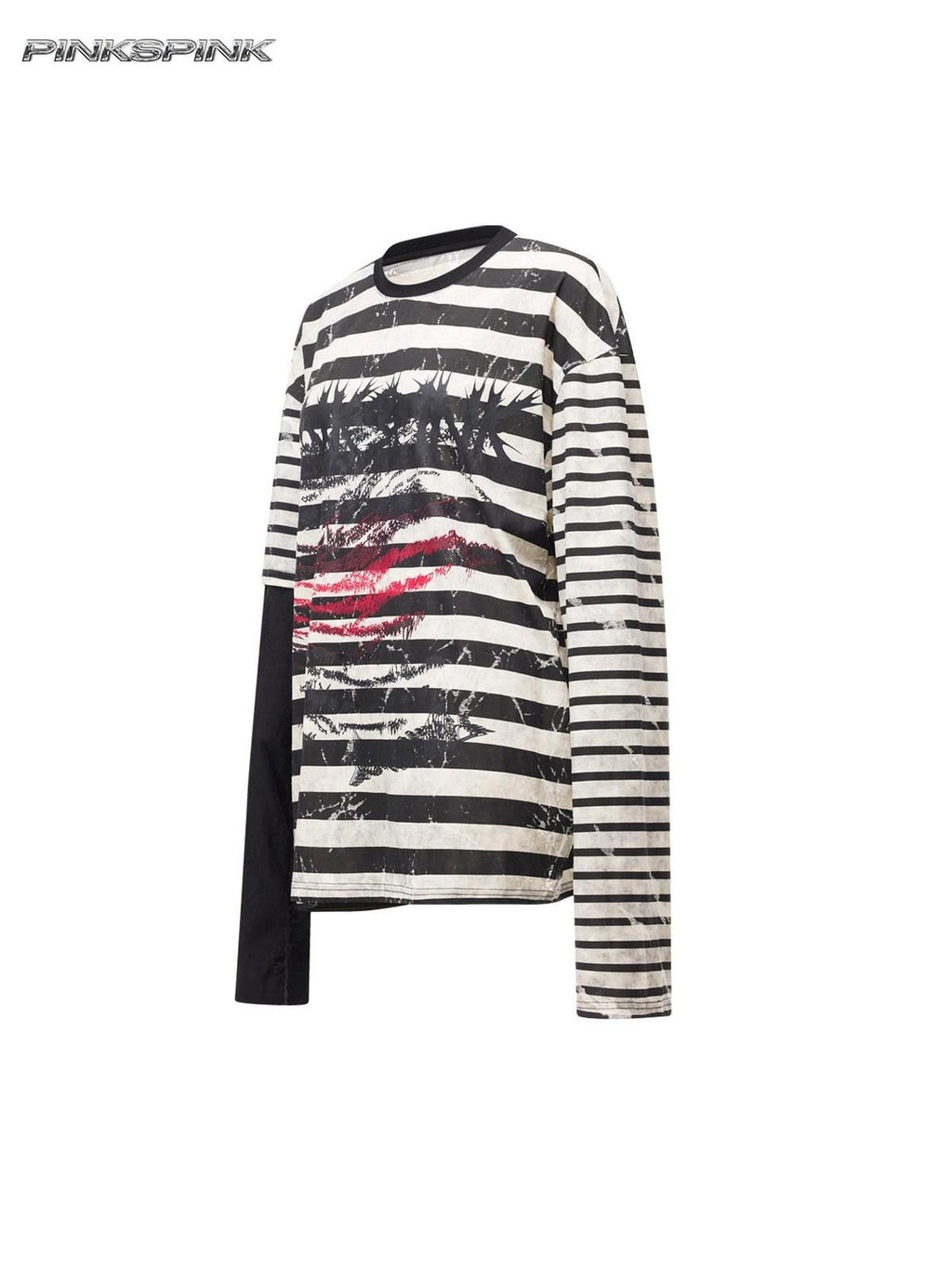 PINKSPINK Burnout Cutout Striped Patchwork Punk Raglan Women's Cotton Long Sleeve T-shirts