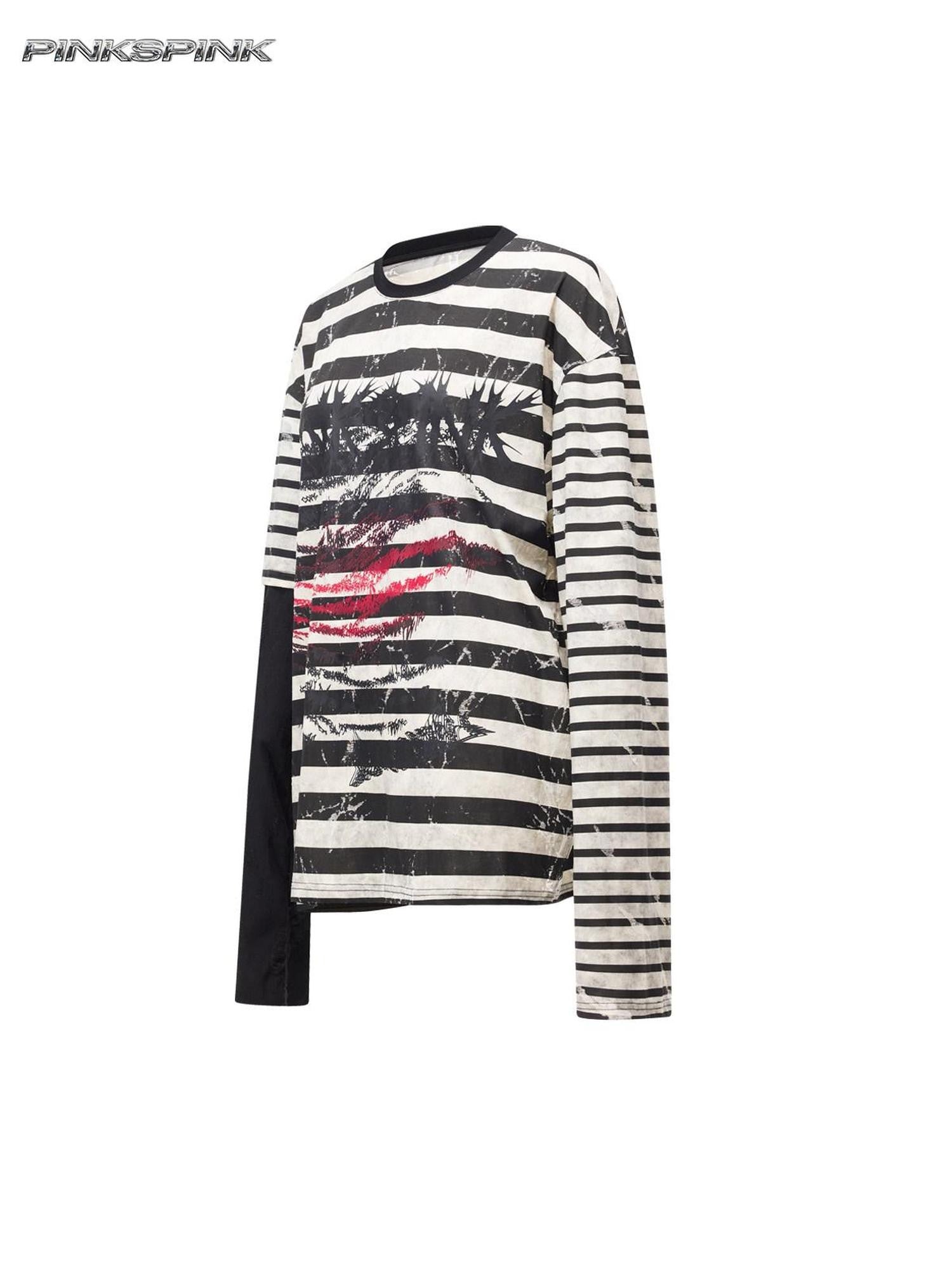 PINKSPINK Burnout Cutout Striped Patchwork Punk Raglan Women's Cotton Long Sleeve T-shirts