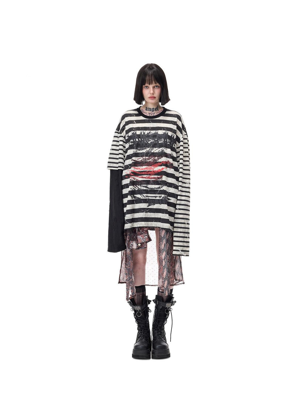 PINKSPINK Burnout Cutout Striped Patchwork Punk Raglan Women's Cotton Long Sleeve T-shirts