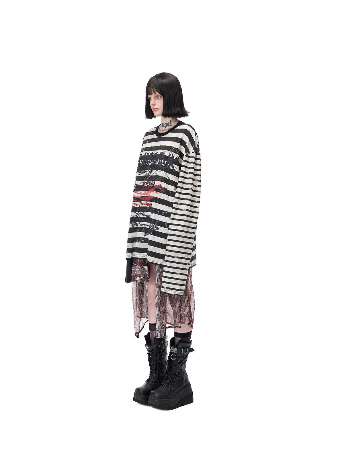 PINKSPINK Burnout Cutout Striped Patchwork Punk Raglan Women's Cotton Long Sleeve T-shirts