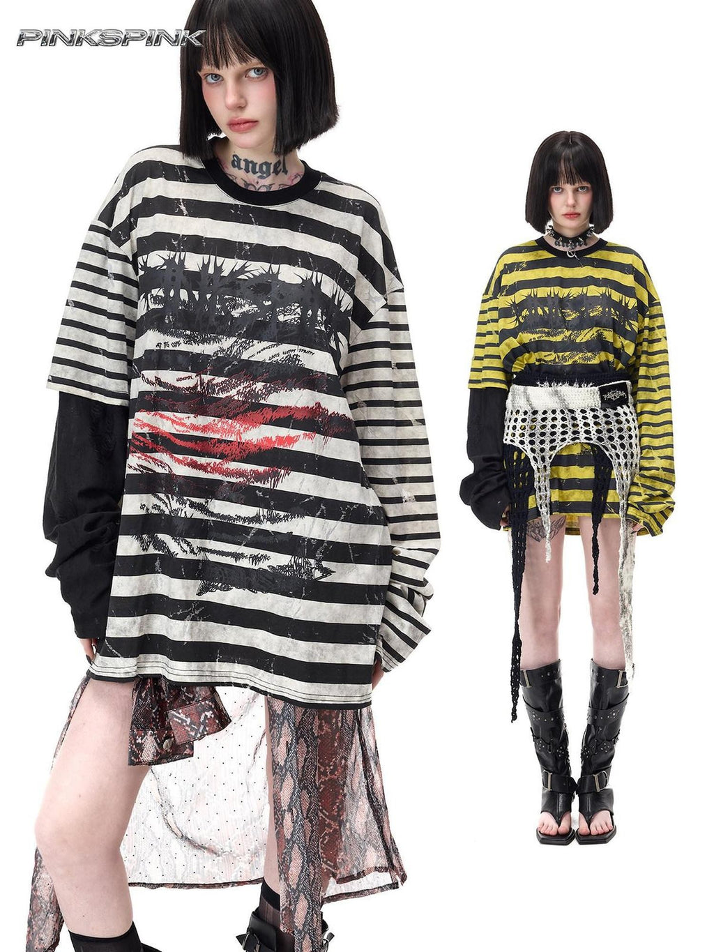 PINKSPINK Burnout Cutout Striped Patchwork Raglan Women's Cotton Long Sleeve T-shirts