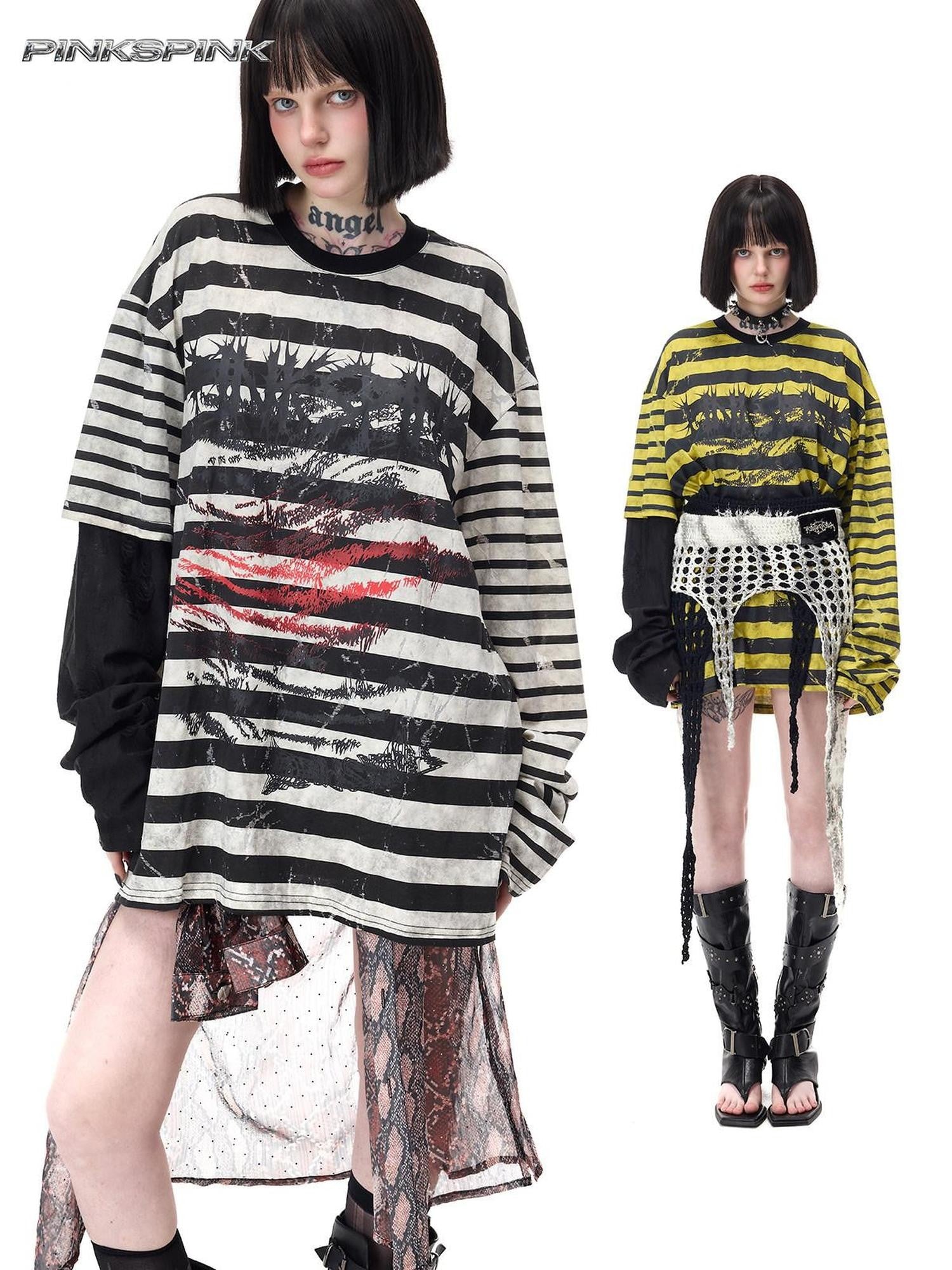 PINKSPINK Burnout Cutout Striped Patchwork Raglan Women's Cotton Long Sleeve T-shirts