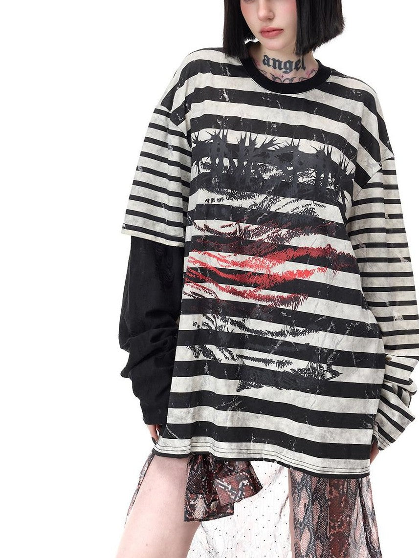 PINKSPINK Burnout Cutout Striped Patchwork Raglan Women's Cotton Long Sleeve T-shirts