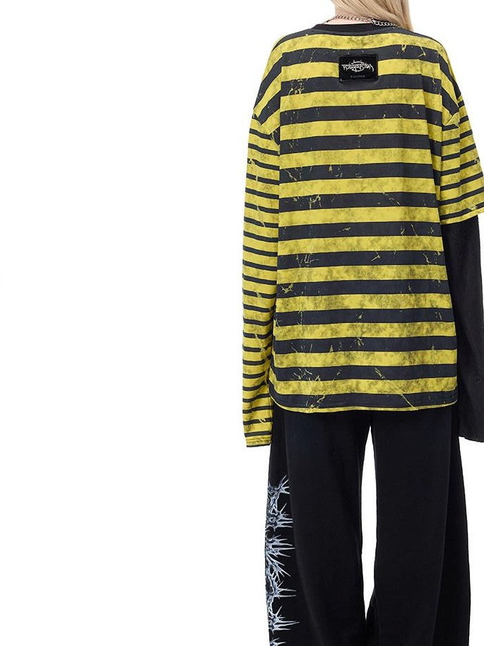 PINKSPINK Burnout Cutout Striped Patchwork Raglan Women's Cotton Long Sleeve T-shirts