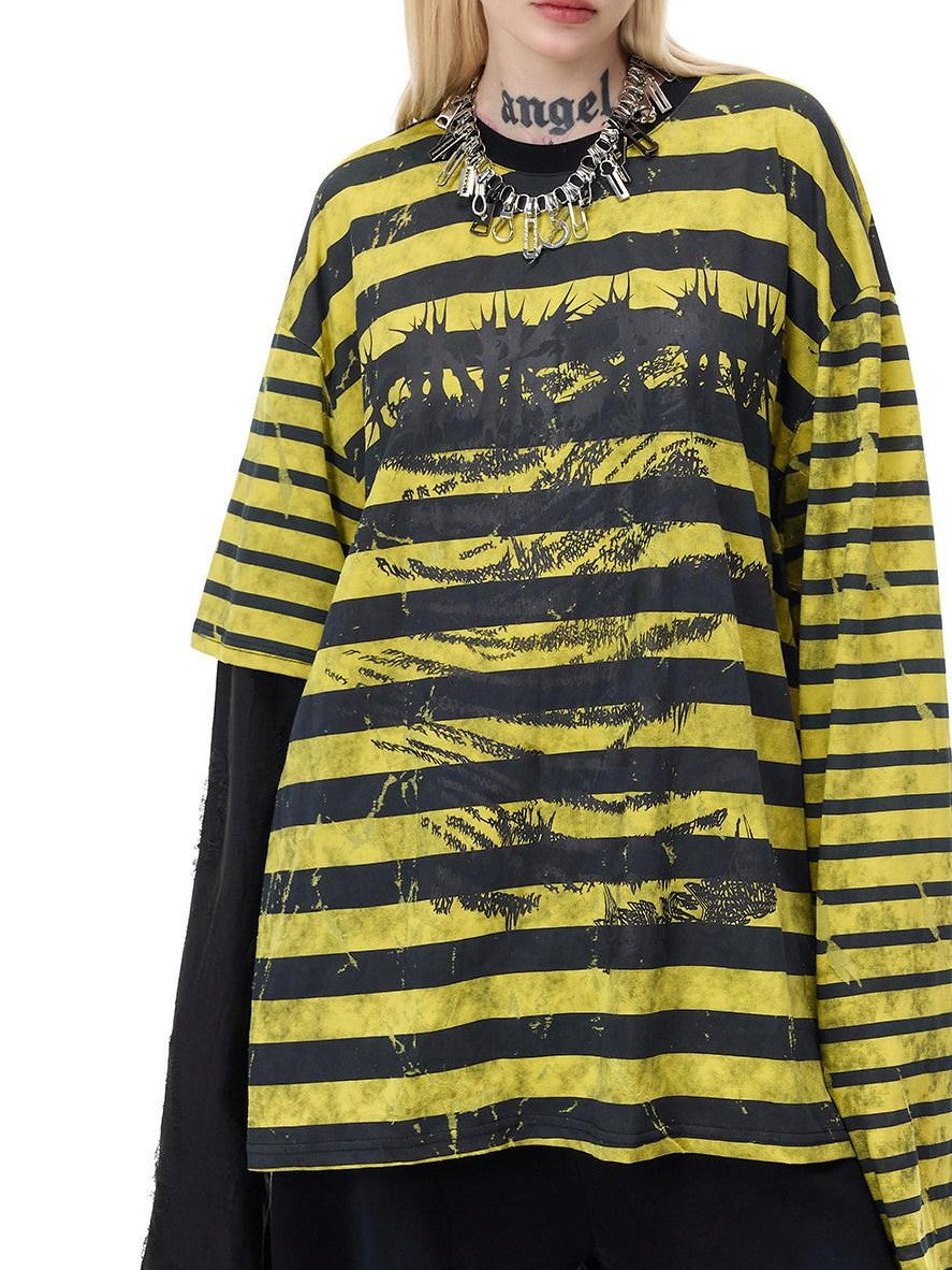 PINKSPINK Burnout Cutout Striped Patchwork Raglan Women's Cotton Long Sleeve T-shirts