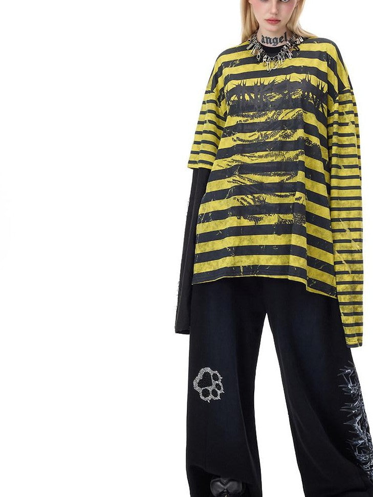 PINKSPINK Burnout Cutout Striped Patchwork Raglan Women's Cotton Long Sleeve T-shirts